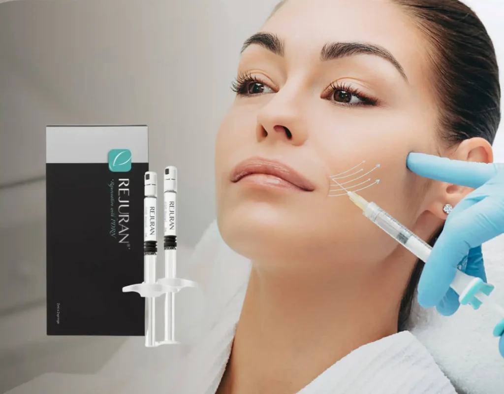 Woman receiving Rejuran skin injection on cheek with blue-gloved hand holding syringe