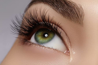 Close-up of green eye with long, thick upper eyelashes and natural eyebrow