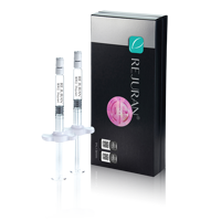 Two clear syringes labeled Rejuran next to a black and silver Rejuran product box